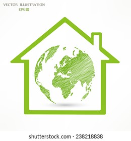 world map, globe inside a green house concept, vector illustration