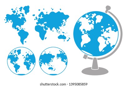 World map and globe isolated cartoon flat icons