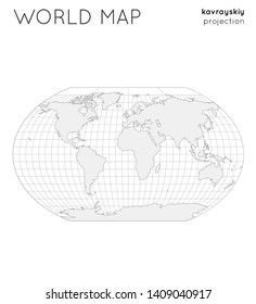World map. Globe in kavrayskiy vii projection, with graticule lines style. Outline vector illustration.