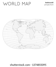 World map. Globe in Laskowski projection, with graticule lines style. Outline vector illustration.