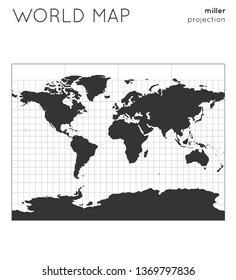 World map. Globe in Miller projection, with graticule lines style. Modern vector illustration.