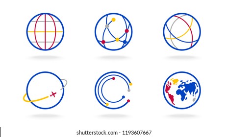 World Map Globe Outline Vector Logo Set