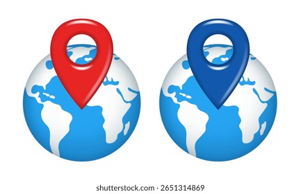 World map. Globe and map pin icon. Vector 3d clipart isolated on white background.