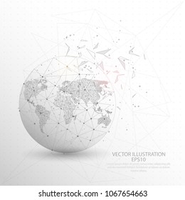 World map globe point, line and composition digitally drawn in the form of broken a part triangle shape and scattered dots low poly wire frame on white background.