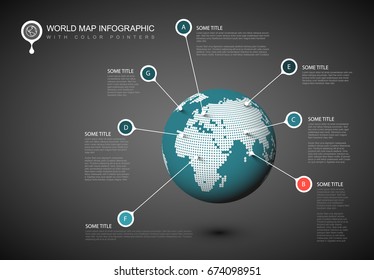 World map globe with pointer marks -  dark version teal and red template