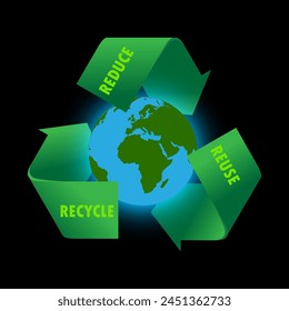 world map globe recycling arrows symbol.  Recycle, Reduce, Reuse. illustration design over black.