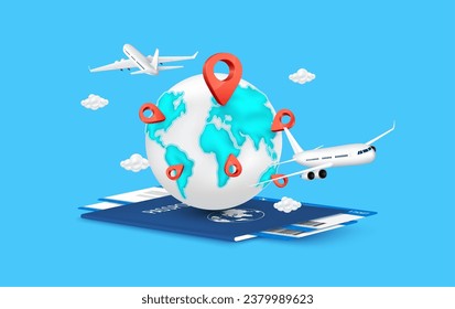 World map, Globe and red location pin on passport air ticket. Front there is airplane taking off with cloud. For media tourism ads design. Travel transport concept. 3D Vector EPS10.