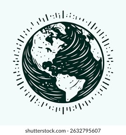 World map with Globe in Retro Style Drawing. Hand-drawn Earth Globe Sketch. Hand Drawn Colorful Flat Illustration of Our Blue Planet icon. Simplified Globe Representation Earth's Continents and Oceans