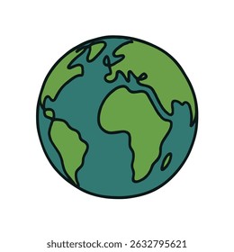 World map with Globe in Retro Style Drawing. Hand-drawn Earth Globe Sketch. Hand Drawn Colorful Flat Illustration of Our Blue Planet icon. Simplified Globe Representation Earth's Continents and Oceans