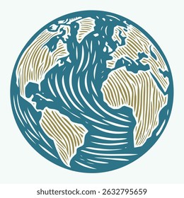 World map with Globe in Retro Style Drawing. Hand-drawn Earth Globe Sketch. Hand Drawn Colorful Flat Illustration of Our Blue Planet icon. Simplified Globe Representation Earth's Continents and Oceans