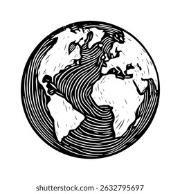 World map with Globe in Retro Style Drawing. Hand-drawn Earth Globe Sketch. Hand Drawn Colorful Flat Illustration of Our Blue Planet icon. Simplified Globe Representation Earth's Continents and Oceans