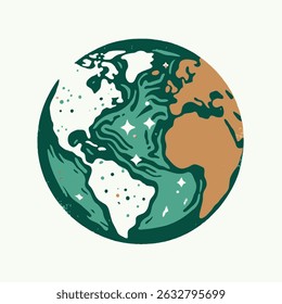 World map with Globe in Retro Style Drawing. Hand-drawn Earth Globe Sketch. Hand Drawn Colorful Flat Illustration of Our Blue Planet icon. Simplified Globe Representation Earth's Continents and Oceans