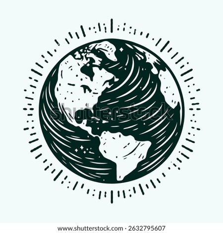 World map with Globe in Retro Style Drawing. Hand-drawn Earth Globe Sketch. Hand Drawn Colorful Flat Illustration of Our Blue Planet icon. Simplified Globe Representation Earth's Continents and Oceans