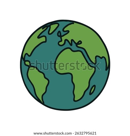 World map with Globe in Retro Style Drawing. Hand-drawn Earth Globe Sketch. Hand Drawn Colorful Flat Illustration of Our Blue Planet icon. Simplified Globe Representation Earth's Continents and Oceans