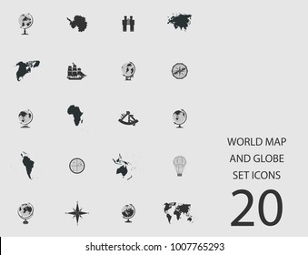 World map and globe set of flat icons. Simple vector illustration