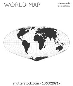 World map. Globe in sinu-mollweide projection, with graticule lines style. Modern vector illustration.