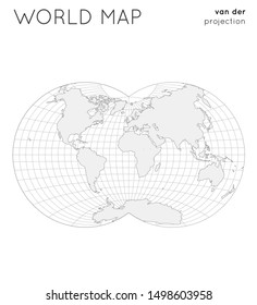 World map. Globe in Van Der Grinten IV projection, with graticule lines style. Outline vector illustration.