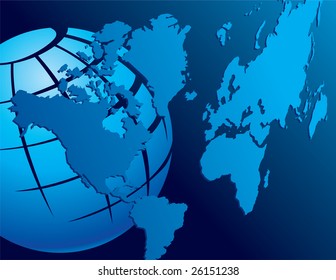 World map with globe, vector background and space for text