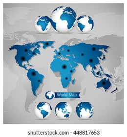 World Map and Globe, vector illustration.