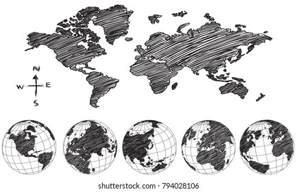 World Map Globe Vector Line Sketch Up Illustrator, EPS 10.