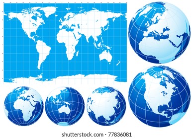 World map and globe. Vector set of  World map  and five kinds of globe