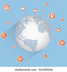World Map Globe with Web icons, Business icons and Technology icons for technology and business concept, Vector Illustration EPS 10.
