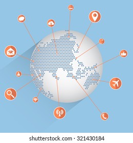 World Map Globe with Web icons, Business icons and Technology icons for technology and business concept, Vector Illustration EPS 10.