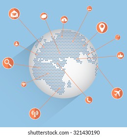 World Map Globe with Web icons, Business icons and Technology icons for technology and business concept, Vector Illustration EPS 10.