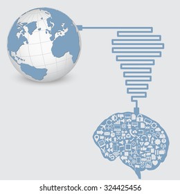 World Map Globe with Web icons, Business icons and Technology icons for technology and business concept from human brain, Vector Illustration EPS 10.