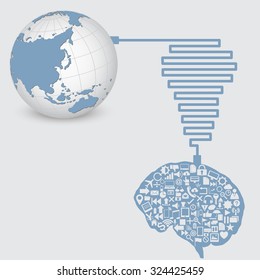 World Map Globe with Web icons, Business icons and Technology icons for technology and business concept from human brain, Vector Illustration EPS 10.
