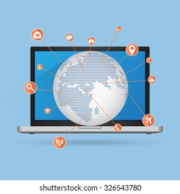 World Map Globe with Web icons, Business icons and Technology icons for technology and business concept on Laptop Computer, Vector Illustration EPS 10.