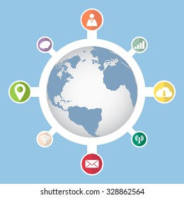 World Map Globe with Web icons, Business icons and Technology icons for technology and business concept, Vector Illustration EPS 10.
