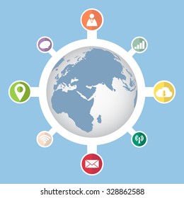 World Map Globe with Web icons, Business icons and Technology icons for technology and business concept, Vector Illustration EPS 10.