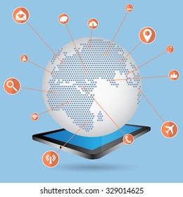 World Map Globe with Web icons, Business icons and Technology icons for technology and business concept on tablet computer, Vector Illustration EPS 10.