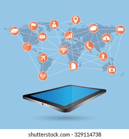 World Map Globe with Web icons, Business icons and Technology icons for technology and business concept on tablet computer, Vector Illustration EPS 10.