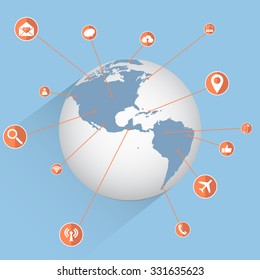 World Map Globe with Web icons, Business icons and Technology icons for technology and business concept, Vector Illustration EPS 10.