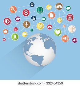 World Map Globe with Web icons, Business icons and Technology icons for technology and business concept, Vector Illustration EPS 10.