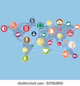 World Map Globe with Web icons, Business icons and Technology icons for technology and business concept, Vector Illustration EPS 10.