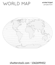 World Map. Globe In Winkel Tripel Projection, With Graticule Lines Style. Outline Vector Illustration.