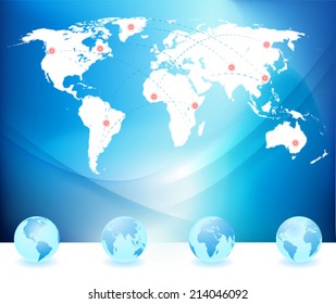 World map and globes with compass.