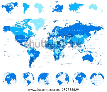 World Map, Globes, Continents - illustration
Highly detailed vector illustration of world map, globes and continents