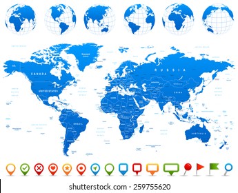 World Map, Globes, Continents, Navigation Icons - illustration
Highly detailed vector illustration of world map, globes and continents