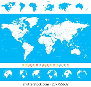 World Map, Globes, Continents, Navigation Icons - illustration
Highly detailed vector illustration of world map, globes and continents
