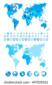 World Map, Globes, Continents and navigation icons. Highly detailed vector illustration of World Map, globes, continents and navigation icons.