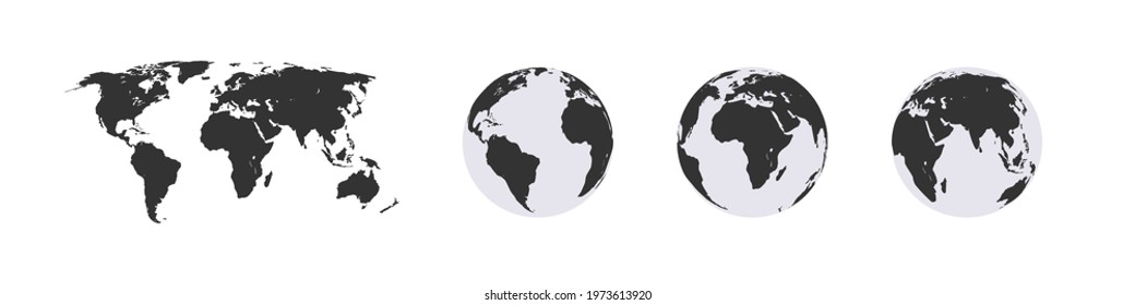 World Map and globes. Globes of Earth. Vector illustration modern simple style