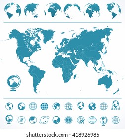 World Map, Globes, Icons and Symbols - Illustration
Vector set of world map and globes.