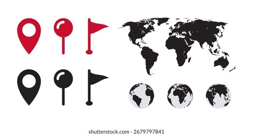 Globos del mapa mundial e iconos de ubicación