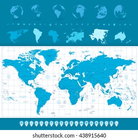 World Map, Globes and Navigation Icons. World map and navigation icons vector illustration.