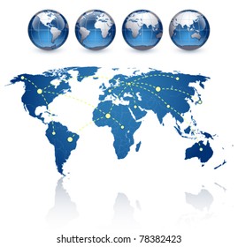 world map and globes on a white background The base map is from http://www.lib.utexas.edu/maps/world.html