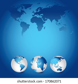 World map and globes. Vector illustration of Global map in America continent, Asia continent, Africa, Middle East and European continents view.